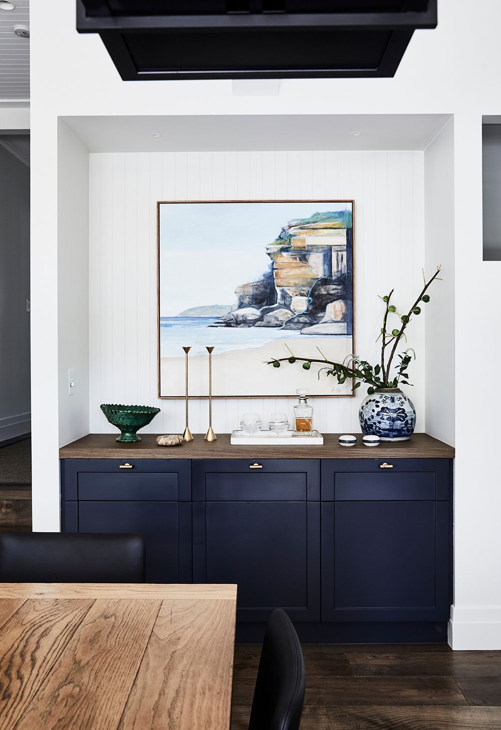 Coastal style console styled with home decor