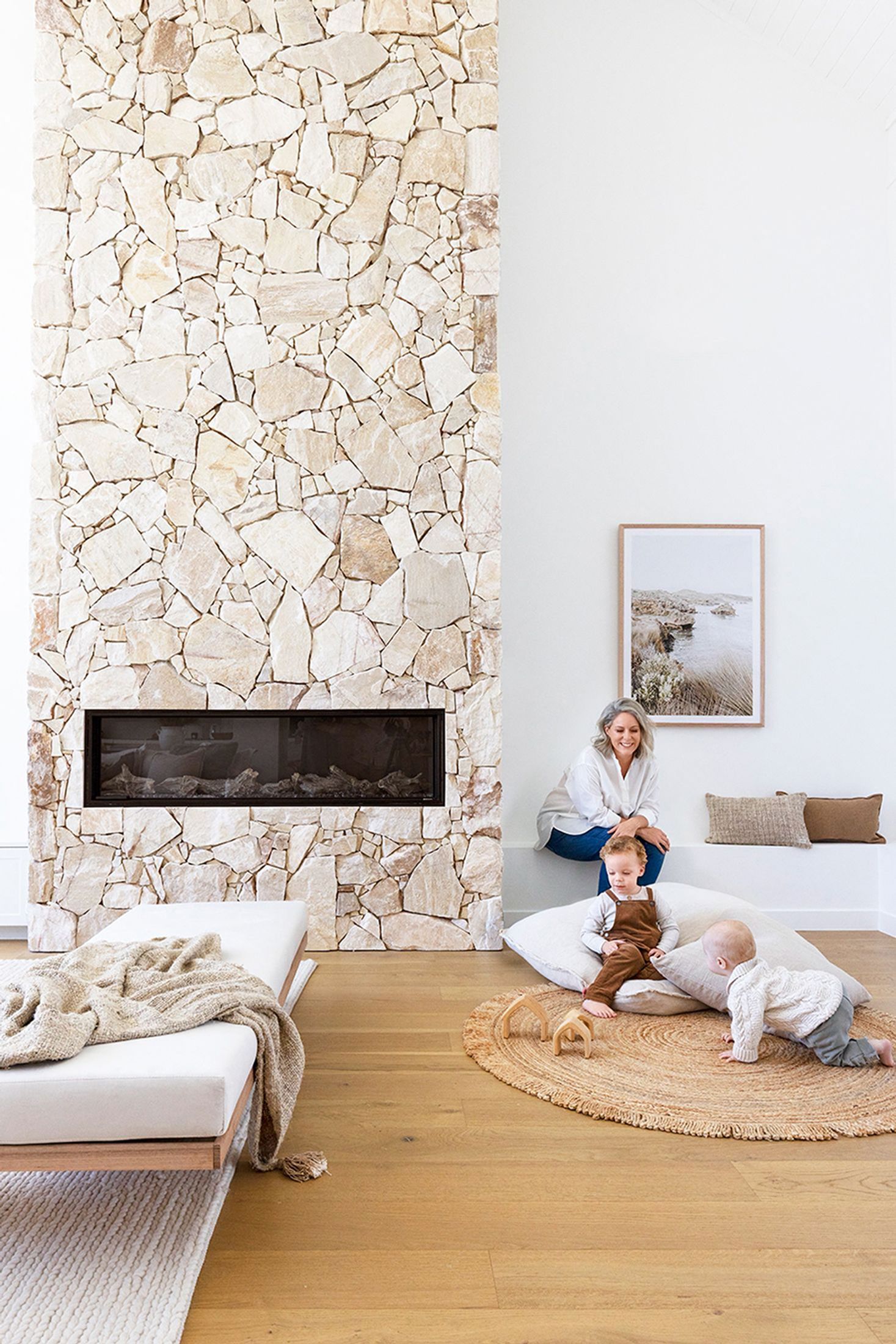 Coastal style stone fireplace