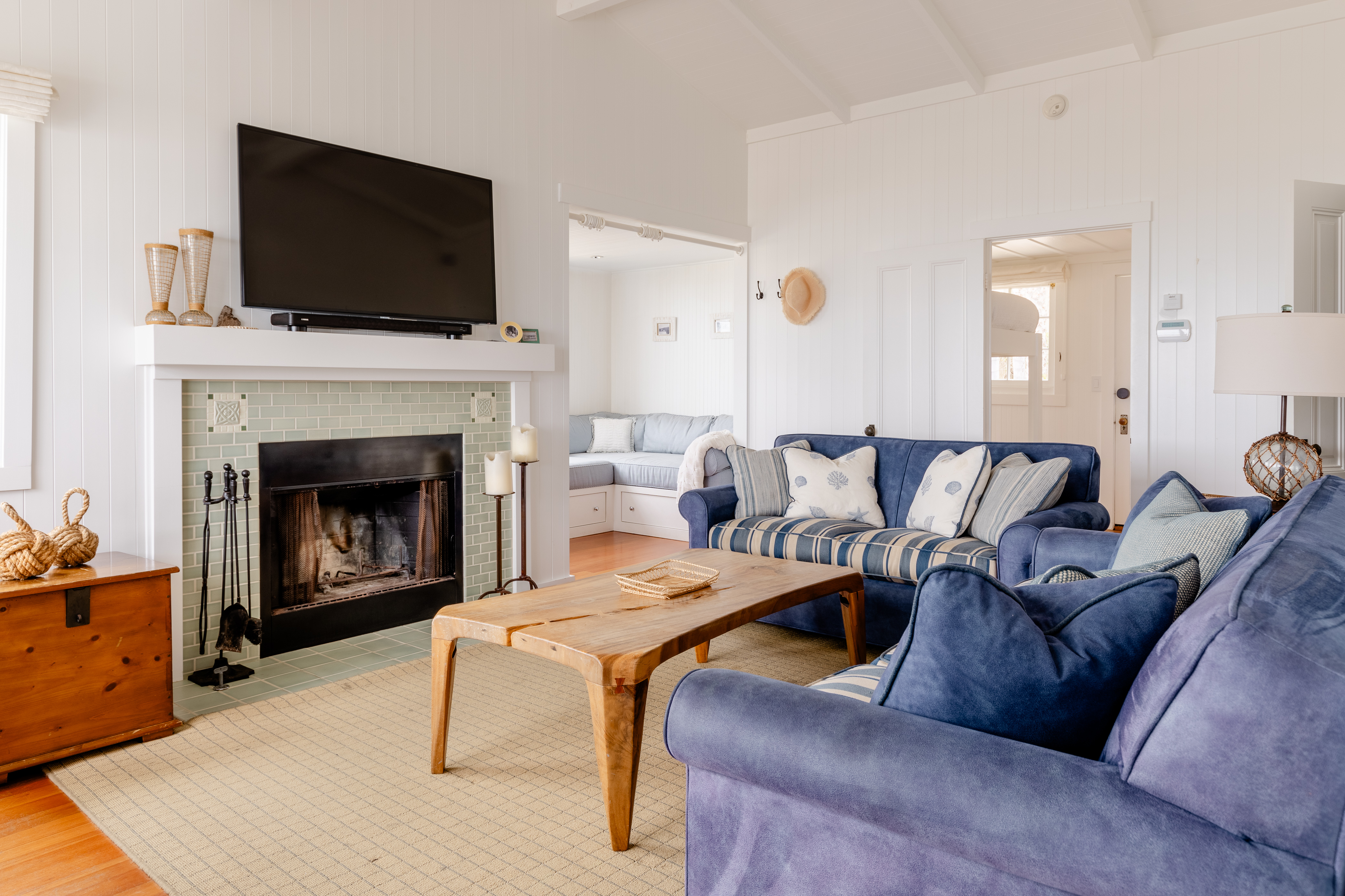 Ashton Kutcha Mila Kunis Beachhouse living room open fireplace