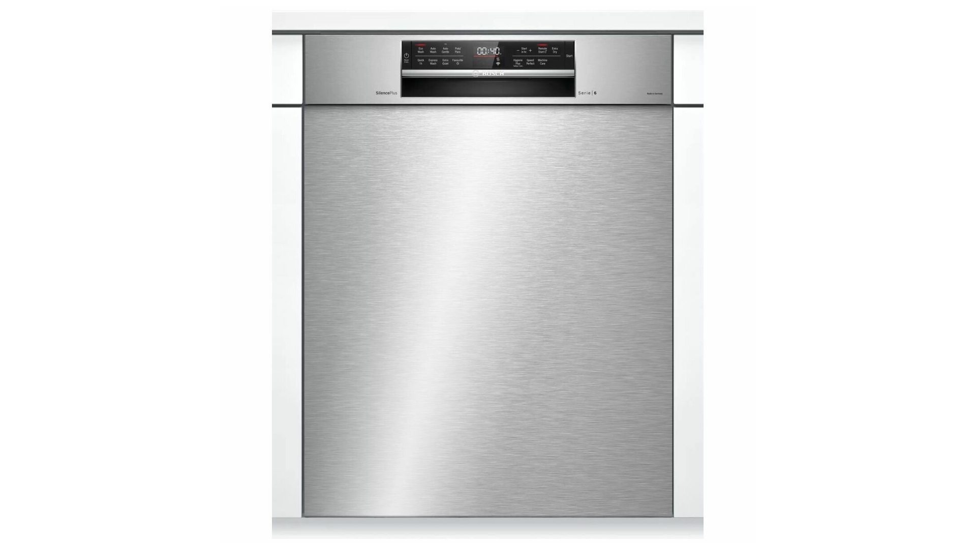 Bosch Series 6 built-under dishwasher in stainless steel.