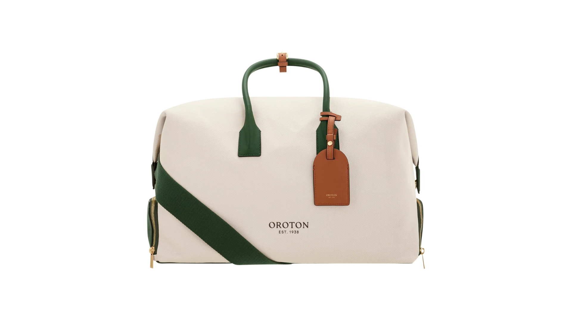 A weekender bag in cream with a green stripe