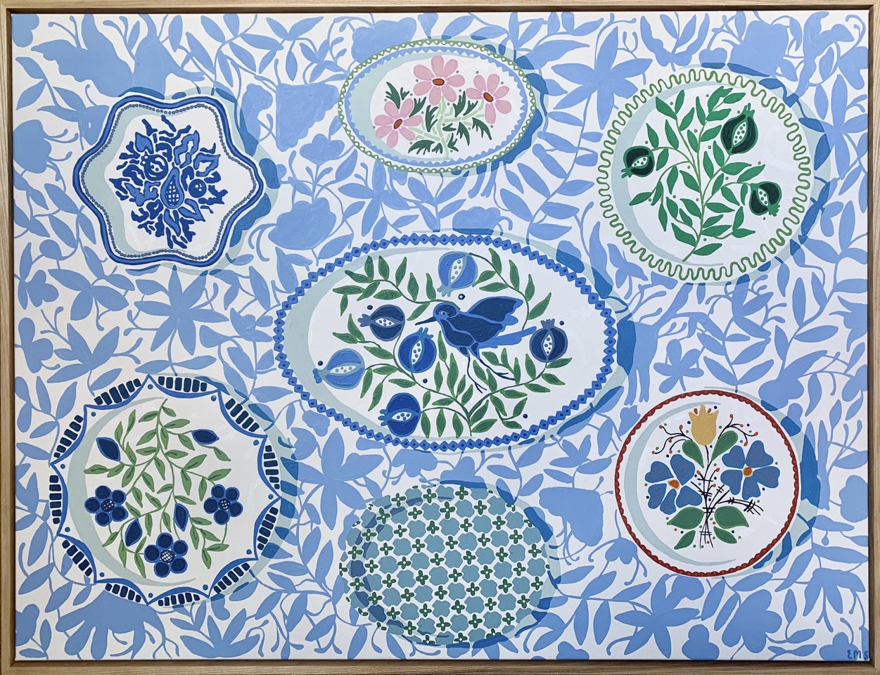 A blue patterned artwork with leaves, flowers and birds.