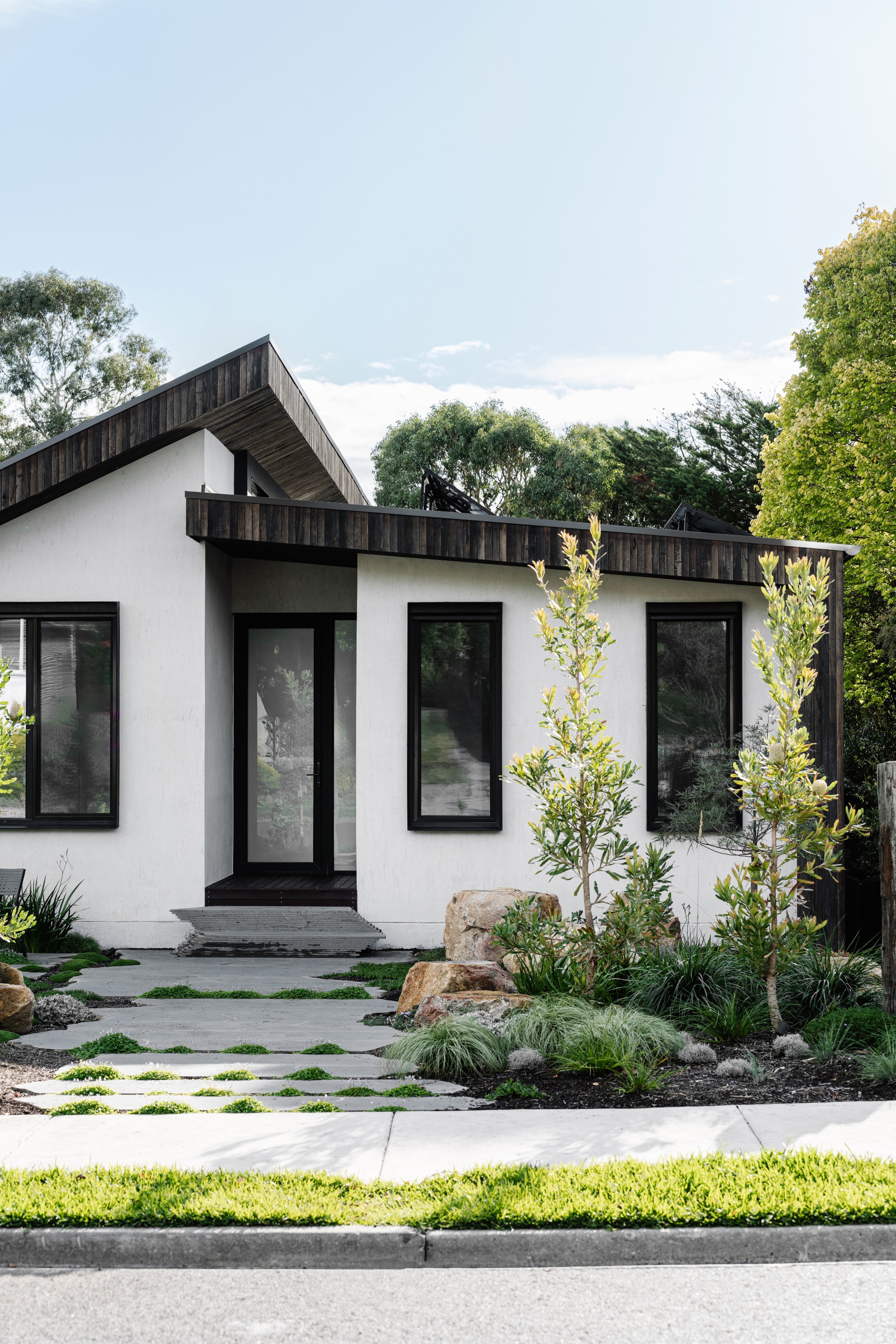 The eco-friendly home's hempcrete and timber front facade.
