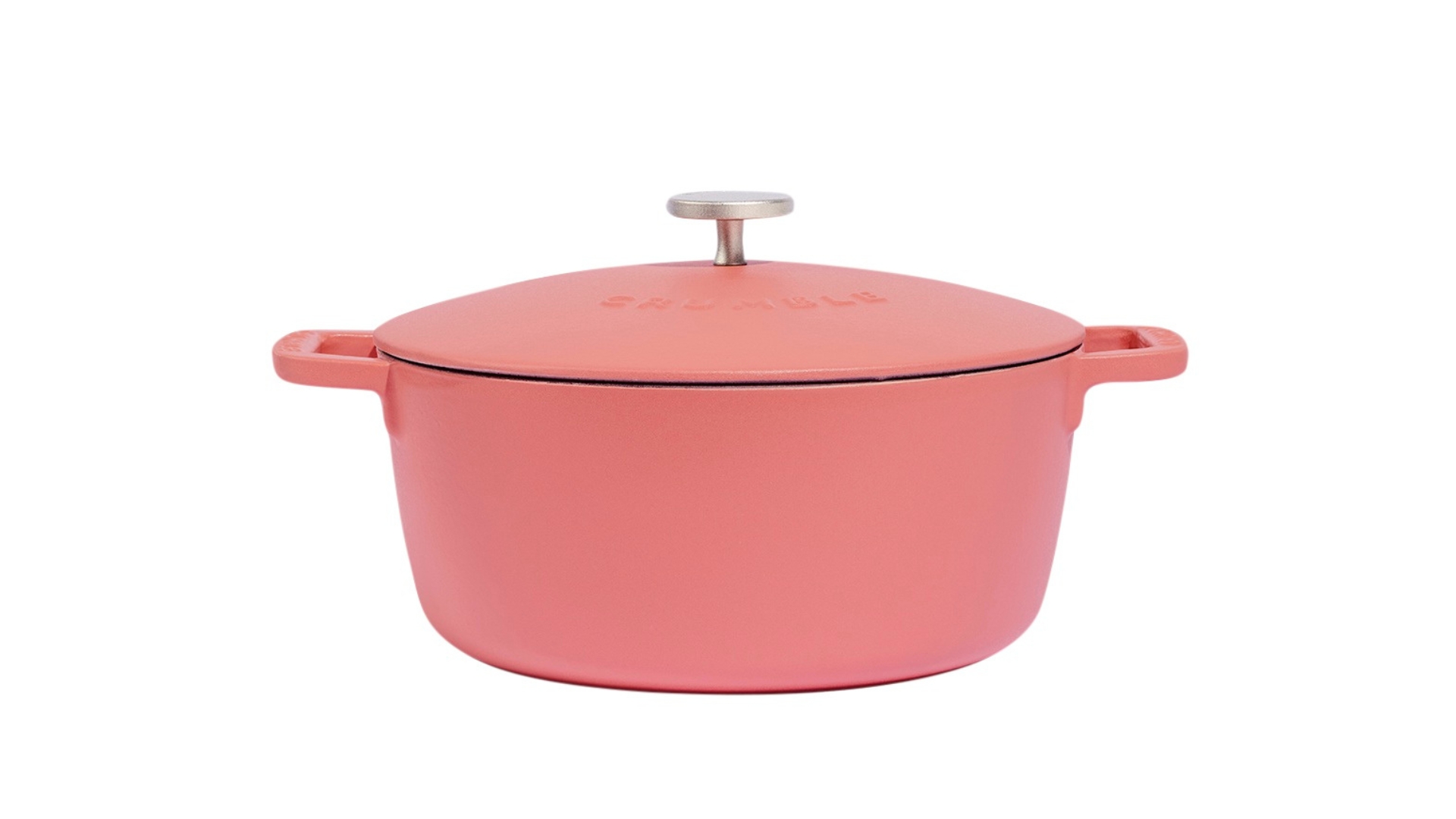 A round pink cooking pot.