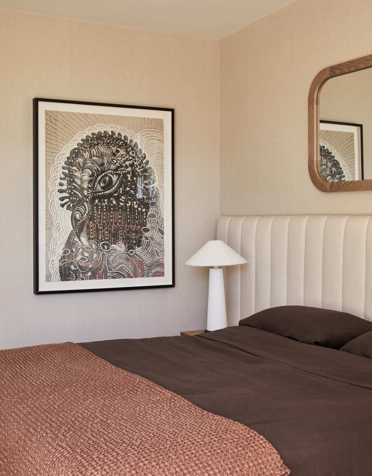 Darren Palmer home main bedroom with large bird artwork.