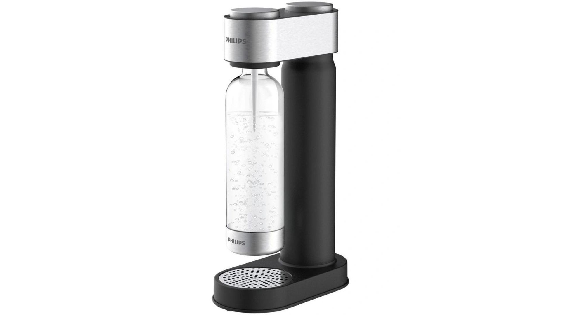 A stainless steel and black sparkling water maker.