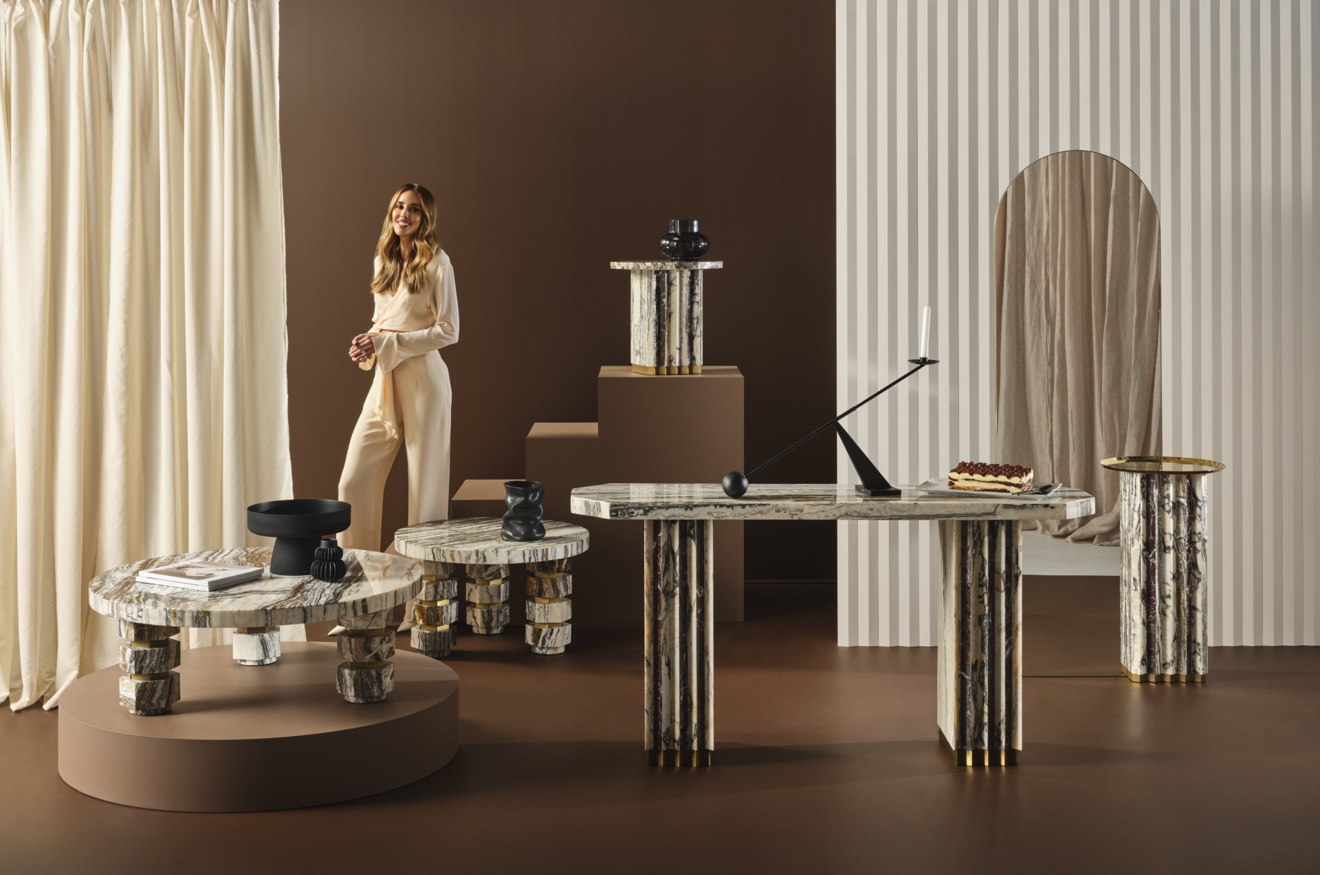 Bec Judd with her Trit House tiramisu marble collection in a studio