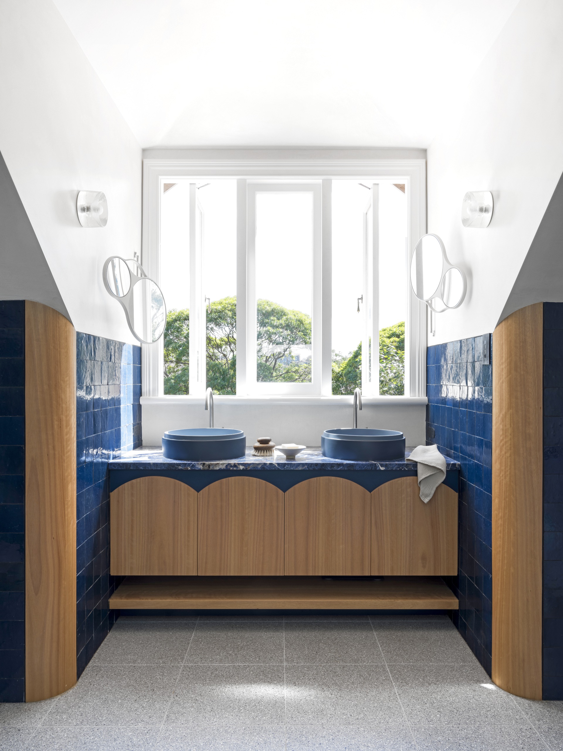 Blue bathroom sinks. 