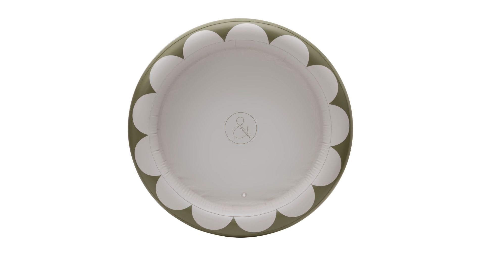 A green and white round inflatable paddling pool with a scalloped pattern around the outside