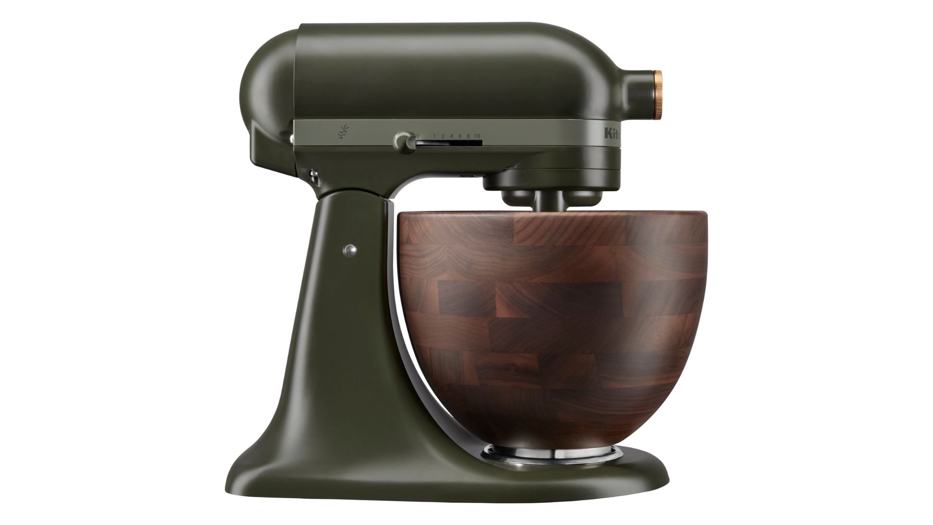 A dark green electric stand mixer with a wooden bowl