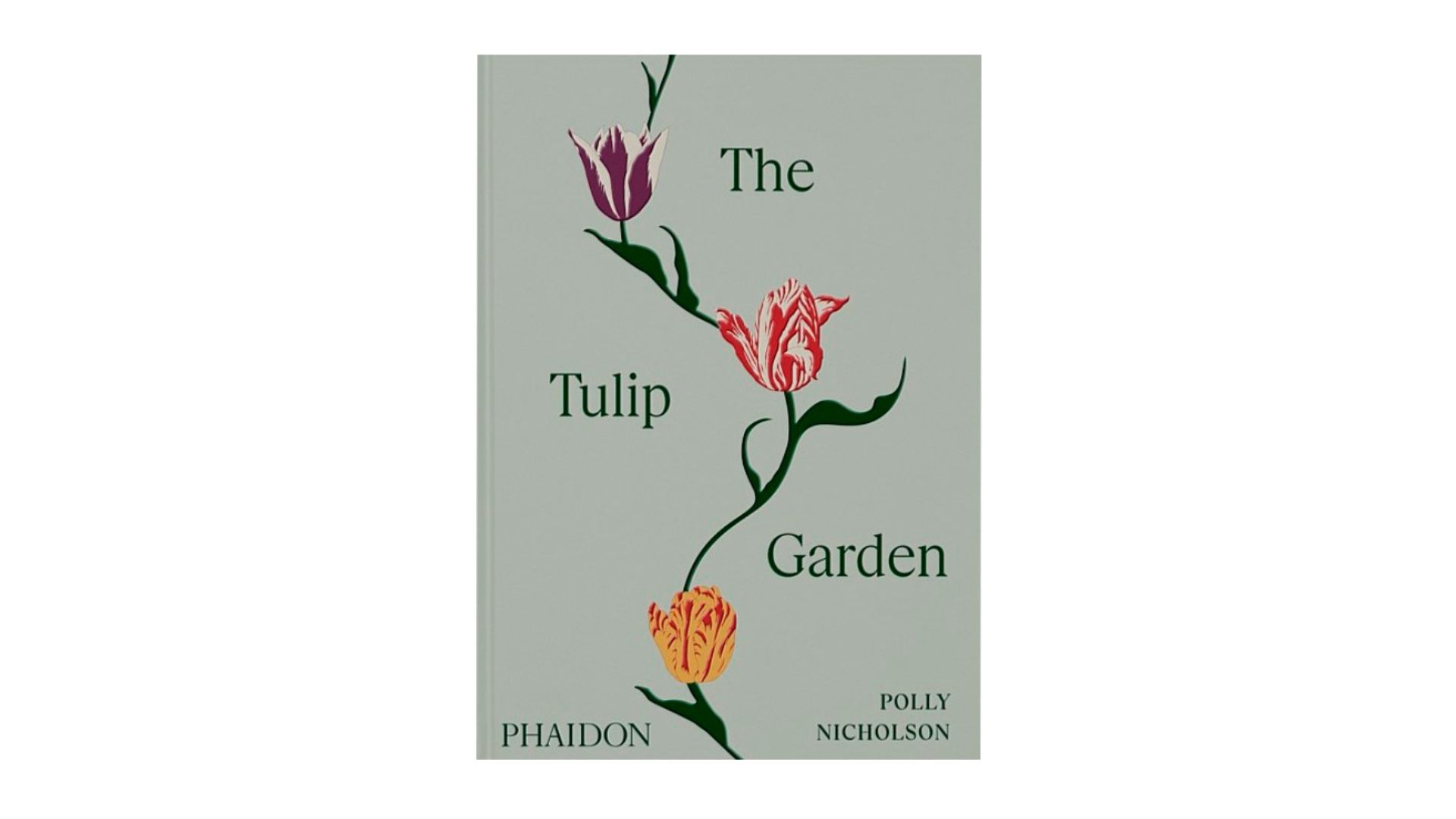 A hardcover book that is green, with three tulips on the front cover