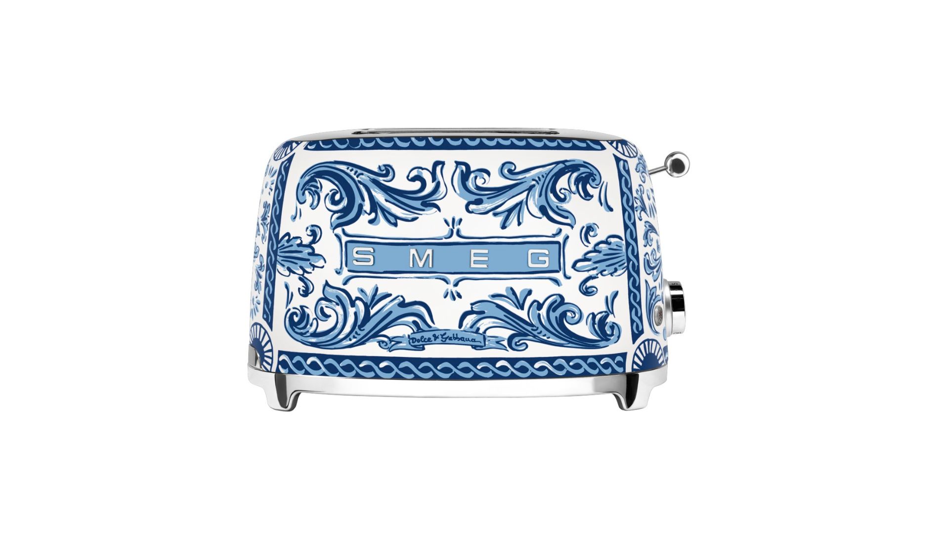 A blue and white toaster