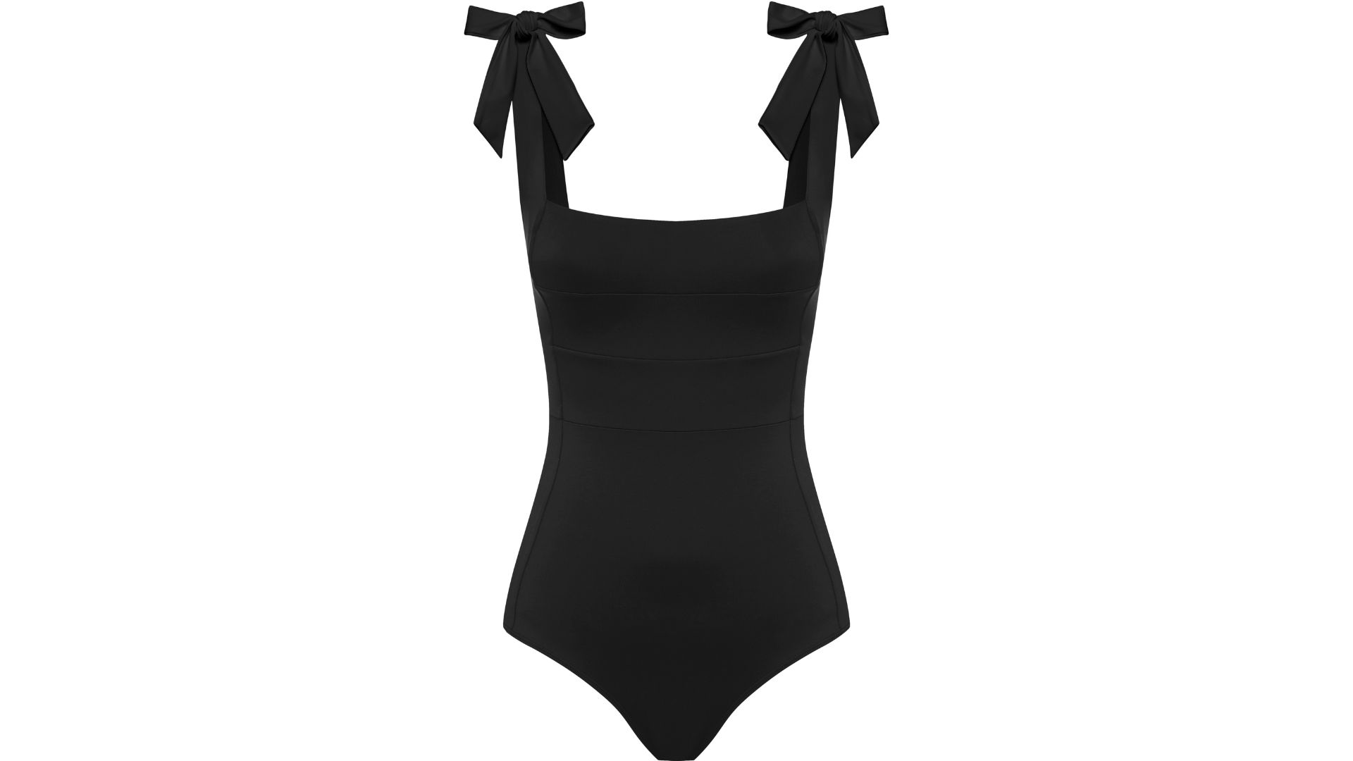 A black one piece swimming suit with a bowl on each shoulder strap