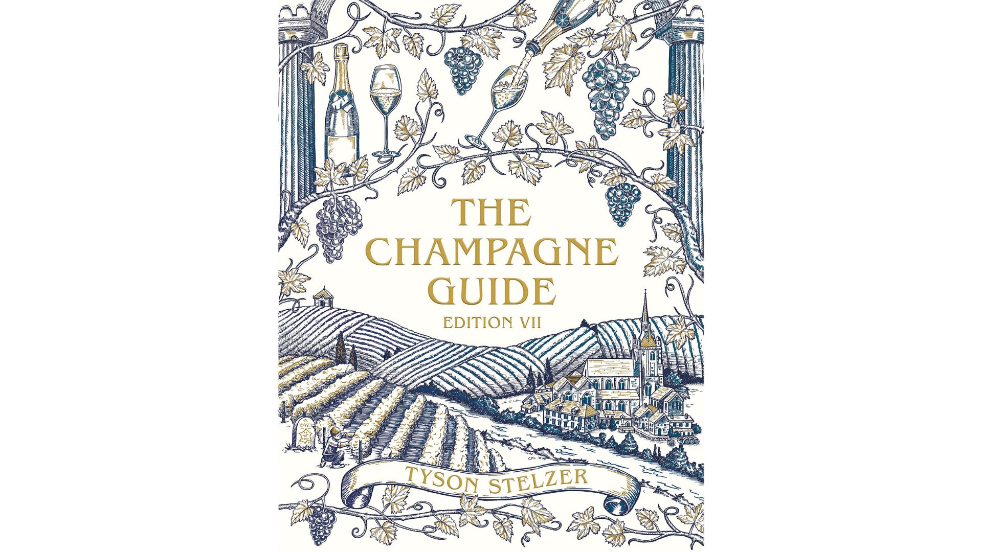 A white, blue and gold book with an illustration of the French ountryside, complete with vineyards