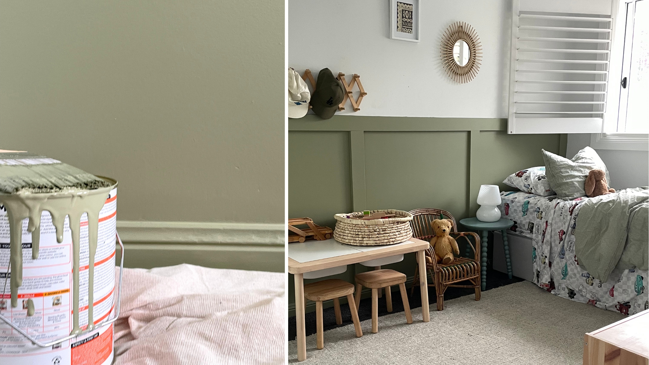 kids bedroom makeover with painted olive green wainscoting