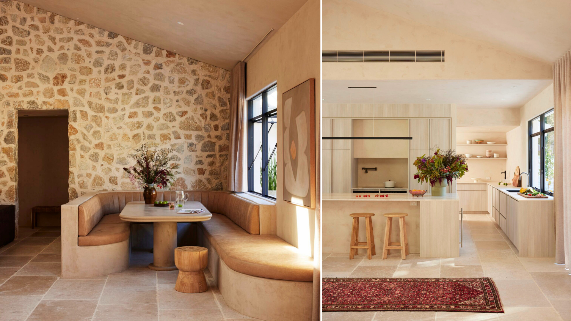 Interiors of a modern minimalist kitchen and dining area