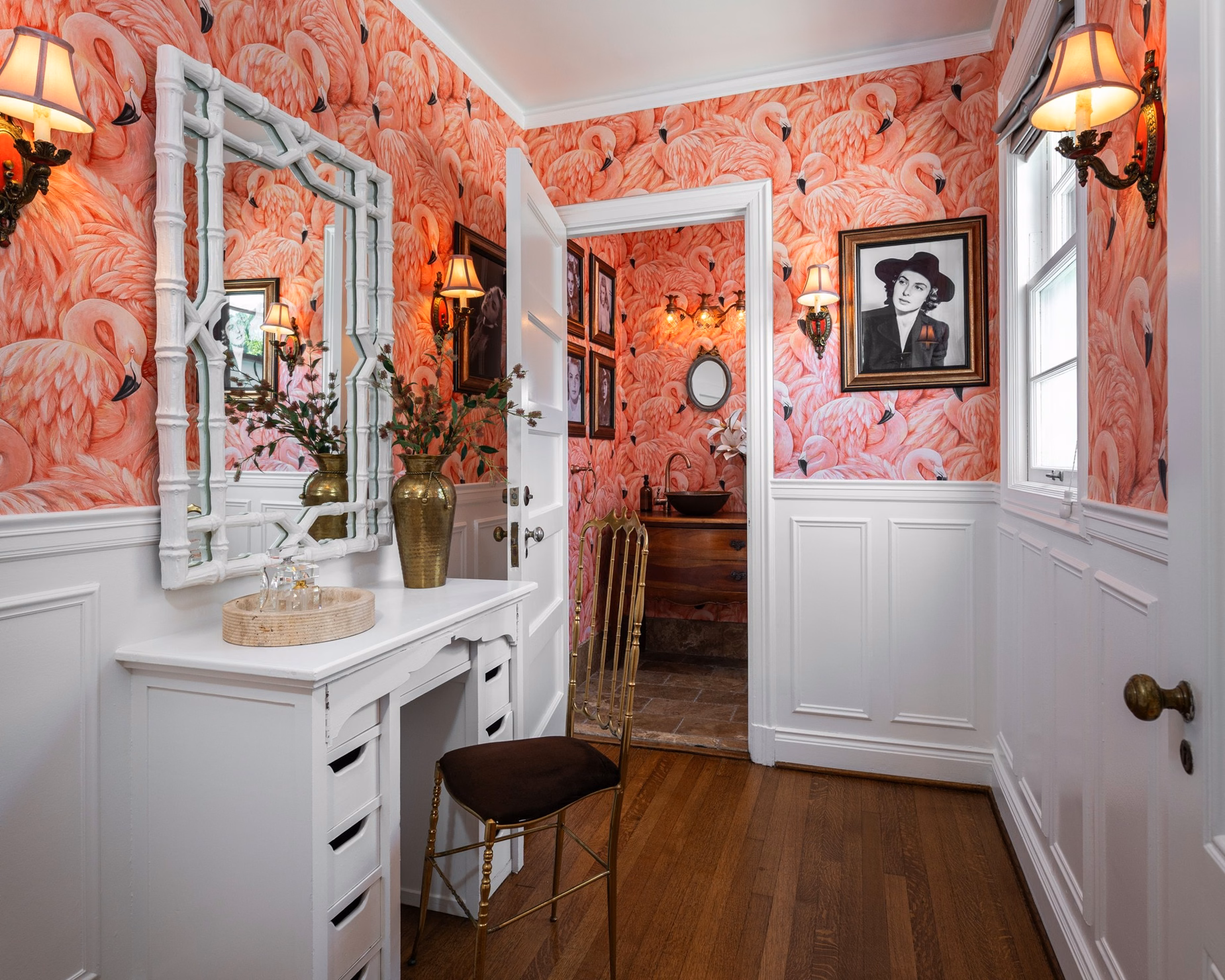 Helen Mirren selling Hollywood Home beauty room with flamingo wallpaper