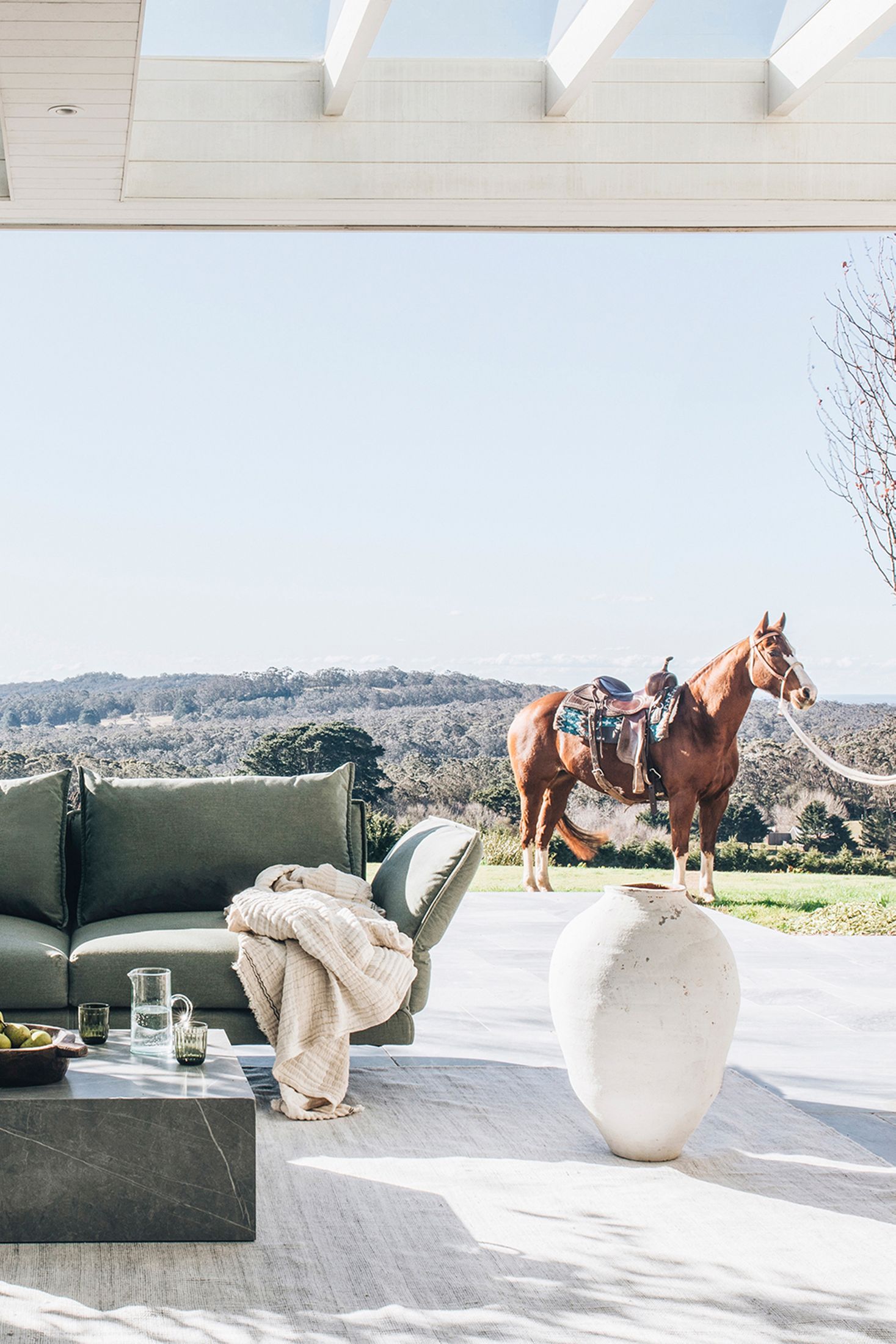green outdoor sofa outdoor living room horse